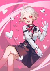 Rule 34 | 1girl, ahoge, black skirt, breasts, cropped jacket, crossed legs, elf, feet out of frame, gloves, heart, highres, jacket, lips, mel mei, mushoku tensei, neck ribbon, pink background, pointy ears, ranoa magic academy school uniform, red eyes, red ribbon, ribbon, school uniform, short hair, sitting, skirt, small breasts, smile, solo, sylphiette (mushoku tensei), waving, white gloves, white jacket