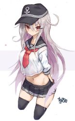 Rule 34 | &gt;:&lt;, 1girl, :&lt;, arms behind back, artist name, black gloves, black thighhighs, breasts, brown eyes, closed mouth, cosplay, cowboy shot, crop top, crop top overhang, cropped legs, gangut (kancolle), gloves, goekawa, grey hair, hair between eyes, hair ornament, hairclip, hibiki (kancolle), hibiki (kancolle) (cosplay), kantai collection, large breasts, long hair, midriff, miniskirt, navel, one-hour drawing challenge, pleated skirt, scar, school uniform, serafuku, sidelocks, simple background, skirt, solo, thighhighs, tsurime, undersized clothes, v-shaped eyebrows, very long hair, zettai ryouiki