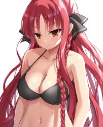 Rule 34 | 1girl, absurdres, bare shoulders, bikini, black bikini, black ribbon, braid, breasts, brown eyes, cleavage, closed mouth, collarbone, hair ribbon, highres, large breasts, long hair, looking at viewer, navel, ncontrail (mgax7527), parted bangs, red hair, ribbon, side braid, simple background, smile, solo, stomach, swimsuit, upper body, very long hair, white background, yarai miu, yuzu-soft