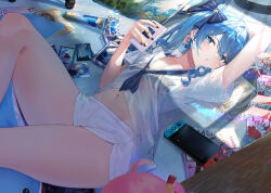 Rule 34 | 2girls, ahoge, arm up, blue eyes, blue hair, blue nails, bow, bra visible through clothes, cd case, cellphone, earrings, hair bow, holding, holding phone, hololive, hoshimachi suisei, jewelry, kinoko (shikimylove), looking at viewer, lying, microphone, multiple girls, navel, nintendo switch, on back, out of frame, phone, ring, sakura miko, sheet music, shirt, short shorts, shorts, side ponytail, smartphone, solo focus, star (symbol), star earrings, stomach, thighs, virtual youtuber, wet, wet clothes, wet shirt, white shirt, white shorts