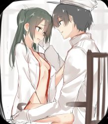 Rule 34 | 10s, 1boy, 1girl, :d, admiral (kancolle), bad id, bad twitter id, bare shoulders, between legs, black hair, blush, breasts, chair, cleavage, fang, gloves, green eyes, hand between legs, hand on another&#039;s cheek, hand on another&#039;s face, hat, implied sex, isshiki (ffmania7), japanese clothes, kantai collection, kimono, light smile, long sleeves, looking away, looking to the side, military, military uniform, naval uniform, nose blush, open clothes, open kimono, open mouth, peaked cap, sitting, sitting on person, sketch, small breasts, smile, straddling, uniform, upright straddle, white gloves, white hat, wide sleeves, zuikaku (kancolle)