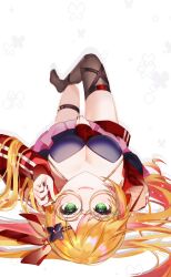 Rule 34 | 1girl, black nails, black thighhighs, blonde hair, breasts, cleavage, glasses, green eyes, gyuentec, highres, jacket, long hair, multicolored hair, nail polish, nijisanji, nijisanji kr, open clothes, open jacket, plaid, plaid jacket, red jacket, round eyewear, seffyna, single thighhigh, smile, solo, streaked hair, thigh strap, thighhighs, virtual youtuber