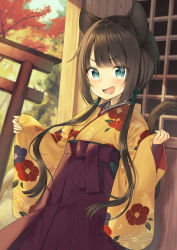 Rule 34 | 1girl, :d, absurdres, animal ears, aqua eyes, black hair, blunt bangs, brown kimono, commentary, english commentary, fang, hakama, hakama skirt, highres, japanese clothes, kimono, looking at viewer, low twintails, lower teeth only, midorikawa you, open mouth, original, outdoors, photoshop (medium), pleated skirt, purple skirt, shrine, sidelocks, skirt, sleeves past wrists, smile, solo, teeth, torii, twintails, upper body, v-shaped eyebrows