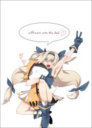 Rule 34 | 1girl, alternate color, arc system works, armpits, blazblue, blazblue: continuum shift, blonde hair, character doll, green eyes, jubei (blazblue), long hair, low-tied long hair, mameshibasuke, platinum the trinity, quad tails, stuffed toy, symbol-shaped pupils, two side up, v, very long hair