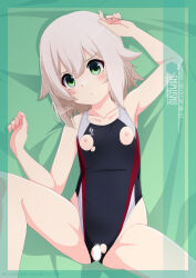 Rule 34 | 1girl, artist name, black one-piece swimsuit, blush, breasts, character name, closed mouth, commentary request, competition swimsuit, feet out of frame, green eyes, highleg, highleg swimsuit, highres, inaba shiki, kantai collection, looking at viewer, lying, multicolored clothes, multicolored swimsuit, nipples, one-piece swimsuit, paid reward available, shimushu (kancolle), short hair, small breasts, smile, solo, spread legs, swimsuit, torn clothes, torn swimsuit, v-shaped eyebrows, white hair