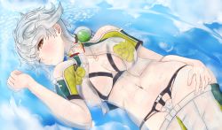 Rule 34 | 10s, 1girl, asymmetrical hair, bare shoulders, bra, braid, breasts, cloud print, crop top, cupless bra, groin, highres, ippers, jitome, kantai collection, large breasts, long hair, looking at viewer, midriff, one eye closed, partially submerged, reflection, revealing clothes, ripples, see-through, short sleeves, silver hair, single braid, skindentation, solo, thighs, unbuttoned, unbuttoned shirt, underwear, unryuu (kancolle), very long hair, water, wet, wet clothes, yellow eyes