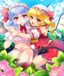 Rule 34 | 2girls, :d, absurdres, adapted costume, arms around neck, ascot, bare shoulders, bat wings, bow, cloud, cloudy sky, crop top, crystal, day, detached sleeves, dress, fence, flandre scarlet, flower, hair between eyes, hair bow, hat, hat ribbon, highres, hug, light purple hair, lips, looking at viewer, midriff, miniskirt, mob cap, multiple girls, open mouth, outdoors, parted lips, pink dress, pink flower, pink rose, pointy ears, puffy short sleeves, puffy sleeves, red dress, red eyes, red ribbon, remilia scarlet, ribbon, rose, short dress, short hair, short sleeves, side ponytail, skirt, sky, smile, touhou, uzura (moimoi), wings, wrist cuffs