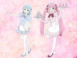 Rule 34 | 2girls, akiba-tan, blue dress, dress, maid, multiple girls, pink dress, pink hair, sapporo-tan, tray