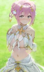 Rule 34 | 1girl, backlighting, bare shoulders, blue eyes, blush, braid, braided hair rings, breasts, bridal gauntlets, cleavage, criss-cross halter, hair ribbon, hair rings, halterneck, hands on own chest, highres, jewelry, large breasts, looking at viewer, navel, open mouth, pink hair, princess connect!, ribbon, ring, short hair, skirt, solo, sonchi, twin braids, white skirt, yui (ceremonial) (princess connect!), yui (princess connect!)