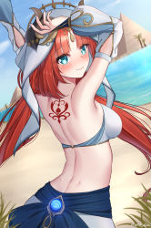 Rule 34 | 1girl, arched back, armpits, arms up, back, back tattoo, bare shoulders, blue eyes, breasts, closed mouth, dancer, day, detached sleeves, dimples of venus, from behind, genshin impact, highres, horns, long hair, looking at viewer, looking back, maru.selinn, medium breasts, midriff, nilou (genshin impact), oasis, outdoors, parted bangs, pyramid (structure), red hair, revealing clothes, smile, solo, tattoo, upper body, veil, vision (genshin impact)