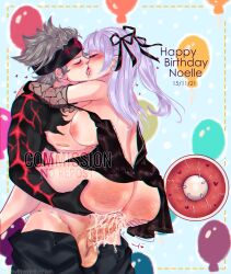 Rule 34 | 1boy, 1girl, absurdres, artist request, asta (black clover), balloon, birthday, birthday sex, black clover, black dress, bottomless, bottoms down, breasts, breasts out, clothes pull, dress, happy birthday, hetero, highres, impregnation, large breasts, leg lock, long hair, nipples, no bra, noelle silva, pants, pants pull, penis, purple hair, sex, sideboob, uncensored, vaginal, white hair