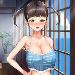 1girl aomizuan bare_shoulders black_hair blue_tank_top blunt_bangs blush breasts cleavage covered_erect_nipples eyebrows_hidden_by_hair female_focus hand_on_own_hip indoors koumi-jima:_shuu_7_de_umeru_mesu-tachi large_breasts looking_at_viewer medium_hair open_mouth original plant potted_plant shiny_skin short_twintails sleeveless striped_clothes striped_tank_top sweatdrop tachibana_riana tank_top twintails upper_body window yellow_eyes