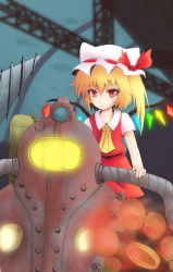 Rule 34 | 1girl, ascot, bad id, bad pixiv id, big daddy (bioshock), bioshock, bioshock (series), bioshock 2, blonde hair, crossover, diving suit, drill, flandre scarlet, hat, red eyes, short hair, side ponytail, skirt, subject delta, sumapan, touhou, vampire, wings