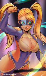 Rule 34 | absurdres, bare shoulders, blonde hair, blue eyes, breasts, cleavage, cleavage cutout, clothing cutout, highres, kaimecha, large breasts, lips, long sleeves, mask, rainbow mika, revealing clothes, street fighter, twintails, wrestling outfit