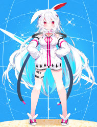 Rule 34 | 1girl, absurdres, animal ears, bare shoulders, blue hair, blush, breasts, commentary request, detached sleeves, dress, full body, grin, hair between eyes, hands in pockets, headgear, highres, huge filesize, kamioka shun&#039;ya, long hair, long sleeves, looking at viewer, medium breasts, multicolored hair, original, puffy long sleeves, puffy sleeves, rabbit ears, red eyes, shoes, sleeveless, sleeveless dress, smile, solo, sparkle, standing, two-tone hair, very long hair, white dress, white footwear, white hair, white sleeves