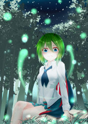 Rule 34 | 1girl, absurdres, antennae, arm support, black cape, black neckwear, blue shorts, blush, breasts, cape, chinese commentary, commentary request, crossed legs, feet out of frame, forest, grass, green eyes, green hair, hair between eyes, highres, light particles, long sleeves, looking at viewer, misaki dizangge, nature, navel, outdoors, rock, shirt, short hair, short shorts, shorts, sitting, small breasts, solo, thighs, touhou, tree, white shirt, wing collar, wriggle nightbug