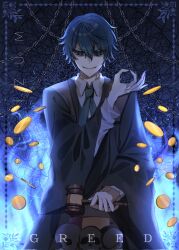 Rule 34 | 1boy, akutoku no judgement (vocaloid), backlighting, black robe, blue background, blue eyes, blue fire, blue hair, blue nails, chain, coin, collared shirt, commentary, evil eyes, evil grin, evil smile, evillious nendaiki, fire, gallerian marlon, gavel, gold coin, grin, hammer, highres, holding, holding hammer, holding mallet, izumi 481, judge, kaito (vocaloid), looking at viewer, male focus, mallet, money gesture, open clothes, open robe, project sekai, robe, shaded face, shirt, skull, smile, solo, white shirt