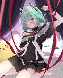 Rule 34 | 1girl, absurdres, ahoge, animal ears, arm up, bare shoulders, black bow, black dress, blonde hair, blunt bangs, blush, bound, bound wrists, bow, cat ears, cat girl, clenched hand, closed mouth, collarbone, colored tips, detached collar, dress, dress bow, flat chest, frilled cuffs, frills, hair ornament, highres, hololive, looking at viewer, multicolored hair, off shoulder, oreazu, red eyes, short hair, short sleeves, sidelocks, sitting, skull hair ornament, solo, sweat, thighs, uruha rushia, uruha rushia (3rd costume), virtual youtuber, wrist cuffs