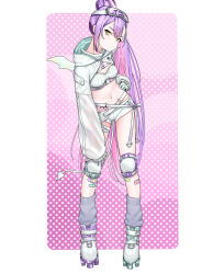 Rule 34 | 1girl, absurdres, bandaid, bandaid on leg, bandeau, belt, breasts, closed mouth, commentary, demon tail, demon wings, full body, gloves, goggles, goggles on head, green eyes, highres, hip tattoo, hololive, hooded shrug, knee pads, lakudaken, long hair, long sleeves, looking at viewer, loose socks, micro shorts, ponytail, purple hair, ribbed bandeau, roller skates, see-through, see-through sleeves, shorts, single wing, skates, small breasts, socks, solo, standing, tail, tattoo, thigh belt, thigh strap, tokoyami towa, tokoyami towa (5th costume), very long hair, virtual youtuber, white bandeau, white belt, white footwear, white gloves, white shorts, white shrug, white tail, winged heart tattoo, wings