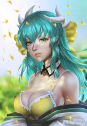 Rule 34 | 1girl, aqua hair, artist name, bikini, bikini top only, breasts, cleavage, day, detached collar, fate/grand order, fate (series), green eyes, highres, horns, hue nguyen, kiyohime (fate), kiyohime (swimsuit lancer) (first ascension) (fate), large breasts, lips, long hair, looking at viewer, nose, outdoors, petals, sideboob, solo, sunlight, swimsuit, upper body, yellow bikini, yellow petals