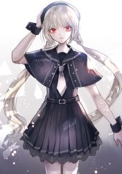 Rule 34 | 1girl, arm up, black capelet, black hat, black sailor collar, black skirt, blonde hair, capelet, cowboy shot, gradient background, grey background, grey necktie, hand on headwear, hat, highres, lace, lace-trimmed skirt, lace trim, long hair, long sleeves, looking at viewer, necktie, original, pleated skirt, red eyes, sailor collar, skirt, smile, solo, twintails, twitter username, white legwear, wrist cuffs, z-epto (chat-noir86)
