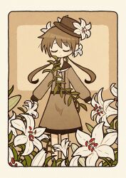 Rule 34 | 1girl, arms at sides, black hat, black ribbon, boater hat, closed eyes, closed mouth, commentary request, dress, flower, grey dress, hat, hat ribbon, highres, long hair, long sleeves, neckerchief, original, plant, ribbon, rounded corners, solo, standing, takurada, twintails, vines, white flower, white neckerchief