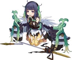 Rule 34 | 1girl, arm warmers, black hair, blush, finger in own mouth, full body, hairband, holding, holding polearm, holding spear, holding weapon, kneeling, looking at viewer, matsue (oshiro project), official art, oshiro project:re, oshiro project:re, polearm, purple eyes, skirt, smile, solo, spear, torn clothes, transparent background, weapon, white skirt, yuu (higashi no penguin)