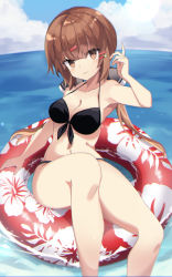 Rule 34 | 1girl, bikini, black bikini, black bow, blue sky, bow, breasts, brown eyes, brown hair, cleavage, cloud, day, fathom, floral print, hair bow, horizon, innertube, kantai collection, long hair, looking at viewer, low twintails, medium breasts, ocean, outdoors, sky, solo, swim ring, swimsuit, tashkent (kancolle), twintails, water