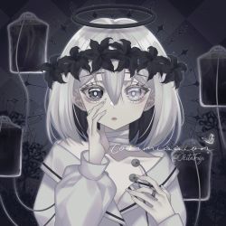 Rule 34 | 1girl, angel, bandages, black background, blood, blood bag, bob cut, bug, butterfly, commission, flower, ghost, grey eyes, grey hair, greyscale, hair between eyes, halo, hand on own face, head wreath, heterochromia, highres, horror (theme), insect, intravenous drip, monochrome, okitafuji, original, petite, puffy sleeves, short hair, solo, white eyes, white hair