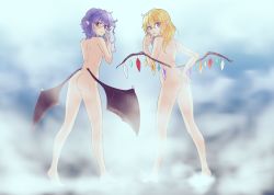 Rule 34 | 2girls, angrysico, ass, back, bad id, bad pixiv id, bat wings, blonde hair, blue hair, breasts, finger to mouth, flandre scarlet, from behind, hair between eyes, hand on own ass, highres, legs, long hair, looking at viewer, looking back, low wings, multiple girls, nude, open mouth, pointy ears, red eyes, remilia scarlet, short hair, siblings, sisters, small breasts, steam, thighs, touhou, towel, wet, wings, wiping face