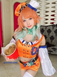 Rule 34 | 1girl, blush, breasts, cosplay, fried chicken, hane ame, hololive, hololive english, large breasts, midriff, photo (medium), smile, takanashi kiara, takanashi kiara (cosplay), virtual youtuber