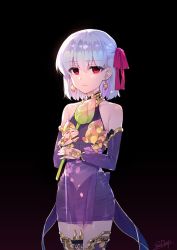 Rule 34 | 1girl, backlighting, bare shoulders, black background, bud, cowboy shot, detached sleeves, earrings, eyes visible through hair, fate/grand order, fate (series), floral print, flower, hair between eyes, hair ribbon, highres, jewelry, kama (fate), kama (first ascension) (fate), lotus, red eyes, redrop, ribbon, see-through, short hair, simple background, solo, standing, thighhighs, white hair