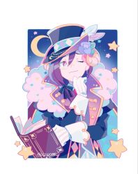 Rule 34 | 1girl, argyle, argyle coat, argyle hat, bad id, bad twitter id, bang dream!, bishounen, black bow, blue background, blue coat, blue headwear, blue sleeves, book, border, bow, closed mouth, cloud, coat, coattails, collar, collared coat, constellor, cowboy shot, crescent, dangle earrings, diamond earrings, earrings, eyelashes, flower, gloves, goat horns, hair bow, hair flower, hair ornament, hair over shoulder, hand on own chin, hat, hat feather, highres, horns, jewelry, lapels, long hair, long sleeves, looking at viewer, monocle, night, night sky, notched lapels, one eye closed, open book, open clothes, open coat, outside border, purple collar, purple flower, purple hair, purple rose, red eyes, rose, round eyewear, seta kaoru, sky, smile, solo, star (symbol), star print, striped clothes, striped gloves, top hat, twitter username, vertical-striped clothes, vertical-striped gloves, white border, white gloves, white wrist cuffs, wrist cuffs, yellow-framed eyewear