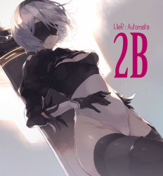 Rule 34 | 1girl, black gloves, black thighhighs, blindfold, boots, breasts, cleavage, dutch angle, enomoto hina, gloves, hairband, highleg, highleg leotard, huge weapon, leotard, medium breasts, mole, mole under mouth, nier (series), nier:automata, parted lips, short hair, silver hair, solo, sword, sword behind back, thigh boots, thighhighs, weapon, 2b (nier:automata)