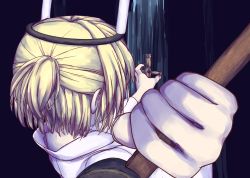 Rule 34 | 1girl, alternate costume, blonde hair, candle, commentary request, from behind, half updo, hammer, hashihime, holding, holding hammer, isu (is88), japanese clothes, kimono, mallet, mizuhashi parsee, nail, pointy ears, short hair, short ponytail, solo, straw doll, touhou, upper body, ushi no koku mairi, white kimono