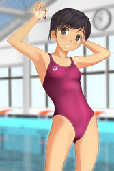Rule 34 | 1girl, absurdres, asics, black eyes, black hair, blurry, clock, collarbone, competition swimsuit, cowboy shot, depth of field, flat chest, highres, holding, holding hair, indoors, looking at viewer, one-piece swimsuit, one-piece tan, original, pool, purple one-piece swimsuit, rubber band, short hair, solo, standing, swimsuit, takafumi, tan, tanline