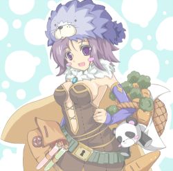 Rule 34 | 1girl, alchemist (ragnarok online), bag, basket, blue gloves, blush, blush stickers, breasts, brown cape, brown dress, cape, carrot, commentary request, cowboy shot, dress, elbow gloves, fingerless gloves, fur collar, gloves, large breasts, looking at viewer, lowres, open mouth, purple eyes, purple hair, ragnarok online, seal (animal), seal (ragnarok online), shimotsuki nozomi, short hair, smile, solo, strapless, strapless dress, stuffed animal, stuffed panda, stuffed toy, vial