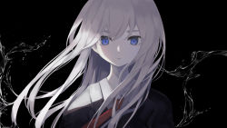 Rule 34 | 1girl, black background, black jacket, blue eyes, closed mouth, collared shirt, commentary request, eyebrows hidden by hair, grey hair, hair between eyes, highres, jacket, looking at viewer, necktie, ogami ren, original, red necktie, shirt, simple background, solo, upper body, water, white shirt