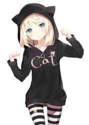 Rule 34 | 1girl, animal ears, animal hood, blonde hair, blue eyes, blush, cat ears, cat hood, cowboy shot, highres, hood, hoodie, looking at viewer, niito, original, pantyhose, paw pose, simple background, solo, striped clothes, striped pantyhose, swept bangs, thick eyebrows, white background