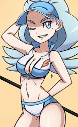Rule 34 | &gt;;), 1girl, ;), adapted costume, ahoge, arm behind back, arm behind head, bare arms, bikini, blue eyes, blue hair, blue hat, breasts, cleavage, collarbone, cowboy shot, creatures (company), elite four, feathers, game freak, golf club, grin, groin, hat, kahili (pokemon), long hair, looking at viewer, matching hair/eyes, medium breasts, mole, mole under eye, navel, nintendo, npc trainer, one eye closed, pin, pokemon, pokemon sm, popped collar, scott bennett, signature, simple background, smile, solo, standing, striped bikini, striped clothes, swimsuit, unzipped, v-shaped eyebrows, visor cap, yellow background, zipper