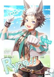 Rule 34 | 1girl, animal ears, artist name, belt, black shorts, breasts, character name, clenched hands, cloud, collared shirt, cowboy shot, cropped jacket, ear piercing, english text, gloves, green necktie, hand up, horse ears, horse girl, horse tail, jacket, long sleeves, looking at viewer, medium breasts, mejiro ryan (umamusume), midriff, multicolored hair, necktie, open mouth, outdoors, outstretched arm, piercing, pobric, purple eyes, shirt, short shorts, short sleeves, shorts, smile, solo, tail, tied shirt, two-tone hair, umamusume, white gloves, white jacket, wristband