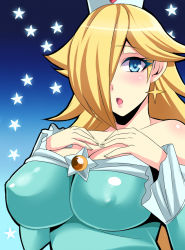 Rule 34 | 1girl, :o, blonde hair, blue eyes, breast suppress, breasts, covered erect nipples, dress, earrings, hair over one eye, jewelry, large breasts, long hair, looking at viewer, mario (series), nintendo, nishida megane, rosalina, solo, star-shaped pupils, star (symbol), super mario galaxy, symbol-shaped pupils, upper body