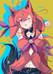 Rule 34 | 1girl, absurdres, ahoge, alternate color, animal ear fluff, animal ears, arm behind head, armpits, black shorts, blush, braid, commentary request, detached sleeves, earrings, fox ears, fox girl, fox tail, hair between eyes, highres, hololive, hood, hoodie, jewelry, long hair, looking at viewer, midriff, navel, neckerchief, one eye closed, open mouth, pentagram, purple eyes, purple neckerchief, red hair, red hoodie, sasamiya, shirakami fubuki, shirakami fubuki (1st costume), short shorts, shorts, sidelocks, simple background, single braid, solo, tail, virtual youtuber