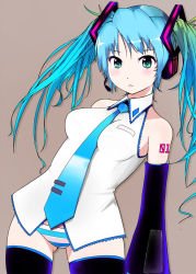 Rule 34 | 1girl, :&lt;, blue hair, breasts, detached sleeves, female focus, green eyes, hatsune miku, headset, kikki, long hair, necktie, no pants, panties, simple background, solo, striped clothes, striped panties, thighhighs, twintails, underwear, very long hair, vocaloid