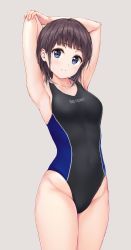 Rule 34 | 1girl, armpits, arms up, blue eyes, brown hair, competition swimsuit, highleg, highleg swimsuit, highres, one-piece swimsuit, original, pasdar, short hair, smile, solo, swimsuit
