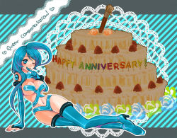 Rule 34 | 1girl, bad id, bad pixiv id, birthday, blue footwear, blue hair, blue nails, boots, breasts, cake, cleavage, doku ta pepa, doku ta pepperko, elbow gloves, fingernails, food, gloves, medium breasts, nail, nail polish, navel, one eye closed, pastry, pixiv, pixiv-tan, rainbow text, revealing clothes, solo, thigh boots, thighhighs, wink