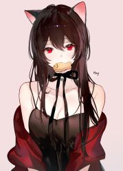 Rule 34 | 1girl, animal ears, artist name, bell, black bow, black bowtie, black camisole, black choker, black hair, black ribbon, blush, bow, bow choker, bowtie, breasts, brown background, camisole, cat ears, choker, cleavage, collarbone, cookie, expressionless, eyelashes, food, food in mouth, hair between eyes, hair ornament, highres, jacket, long hair, looking at viewer, medium breasts, naru (ul), neck bell, off shoulder, open clothes, open jacket, original, red eyes, red jacket, ribbon, simple background, solo, spaghetti strap, symbol-only commentary, upper body