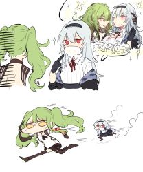 Rule 34 | 2girls, closed mouth, girls&#039; frontline, green hair, headband, long hair, m950a (girls&#039; frontline), multiple girls, off shoulder, one eye closed, red eyes, running, silver hair, simple background, thunder (girls&#039; frontline), tongue, tongue out, twintails, white background, yellow eyes, zocehuy