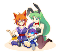 Rule 34 | 2girls, :|, alternate costume, androgynous, animal ears, animal hands, apron, bare shoulders, blue eyes, blush stickers, bow, bowtie, breasts, cat ears, cat paws, cat tail, closed mouth, crossed legs, enmaided, facial tattoo, fake animal ears, fang, flats, ganbare goemon, green eyes, green hair, japanese clothes, large breasts, leotard, long hair, low-tied long hair, maid, maid apron, maid headdress, mechanical hands, multiple girls, ninja, orange eyes, orange hair, pantyhose, playboy bunny, purple hair, rabbit ears, robot, robot ears, ryukou0125, sasuke (ganbare goemon), shoes, short hair, sitting, smile, sneakers, suzaku (ganbare goemon), tabi, tail, tattoo, yae (ganbare goemon)