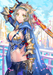 Rule 34 | 1girl, blonde hair, breasts, cape, cleavage, holding, holding sword, holding weapon, long hair, looking at viewer, medium breasts, midriff, navel, original, parted lips, petals, ran&#039;ou (tamago no kimi), sideboob, solo, standing, sword, weapon, yellow eyes
